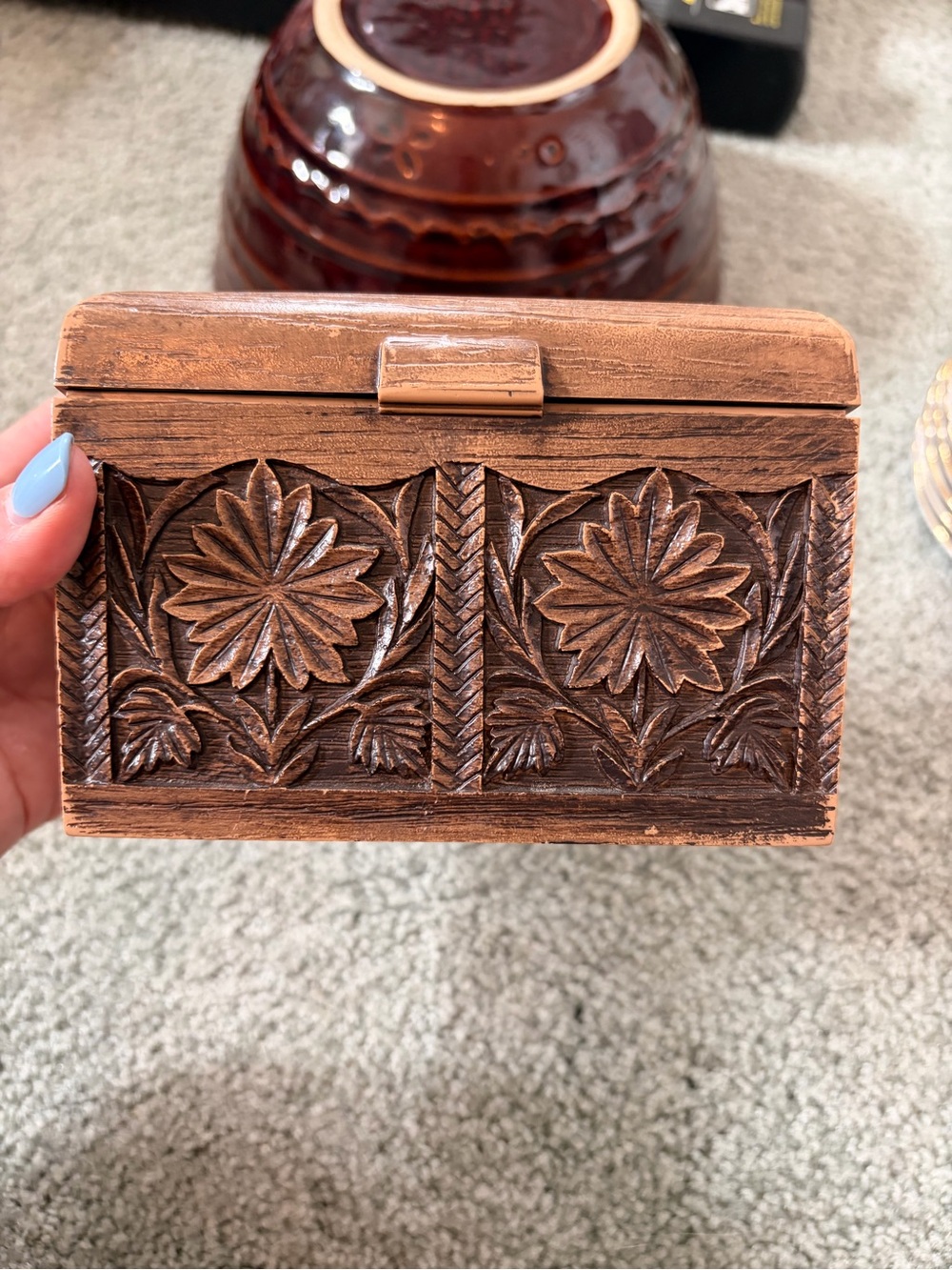 Hand-Carved Floral Faux Wood Recipe Box  Brown